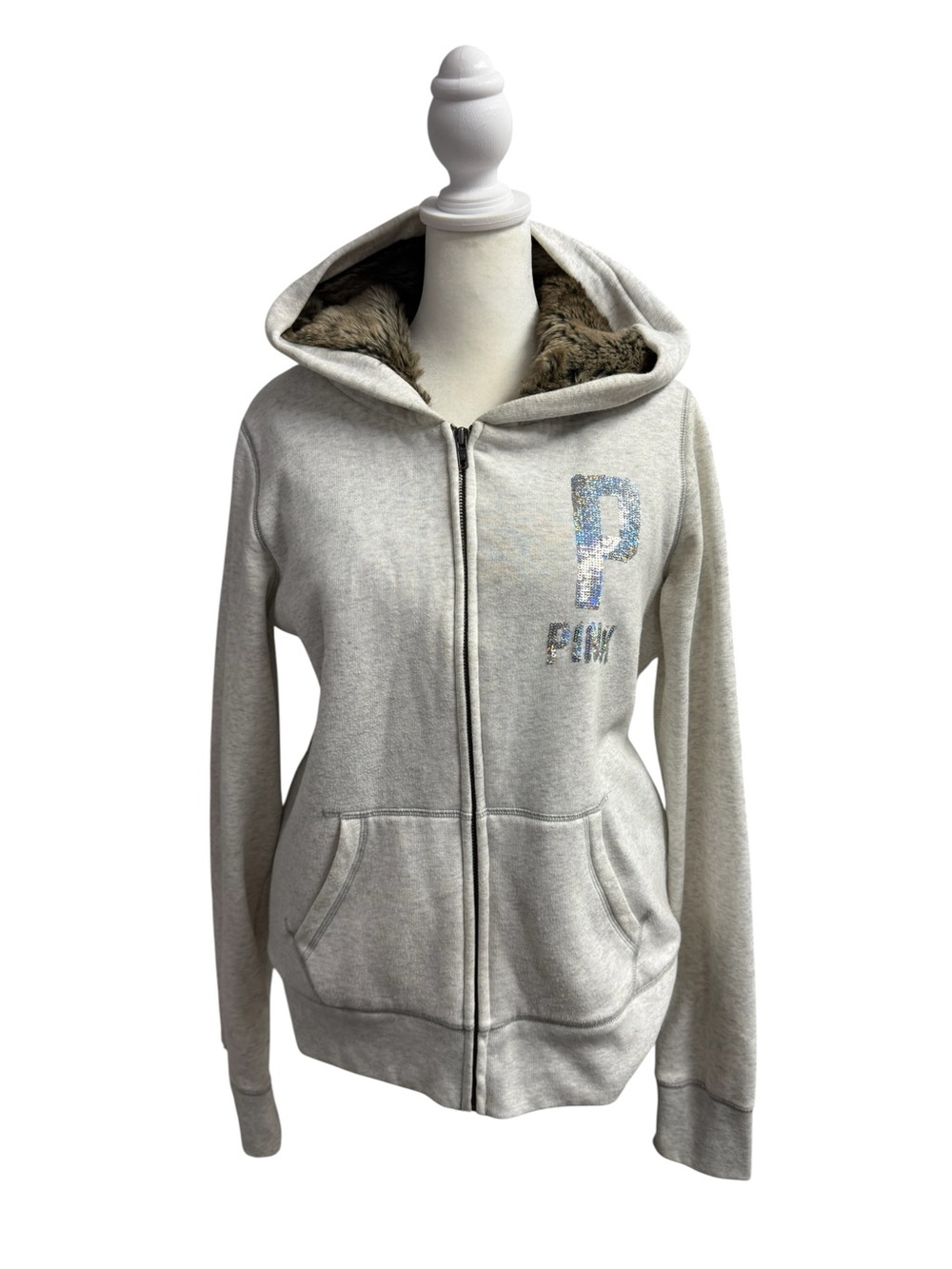PINK Victoria's Secret Faux Fur Lined Hoodie Full Zip Sweatshirt Gray Medium